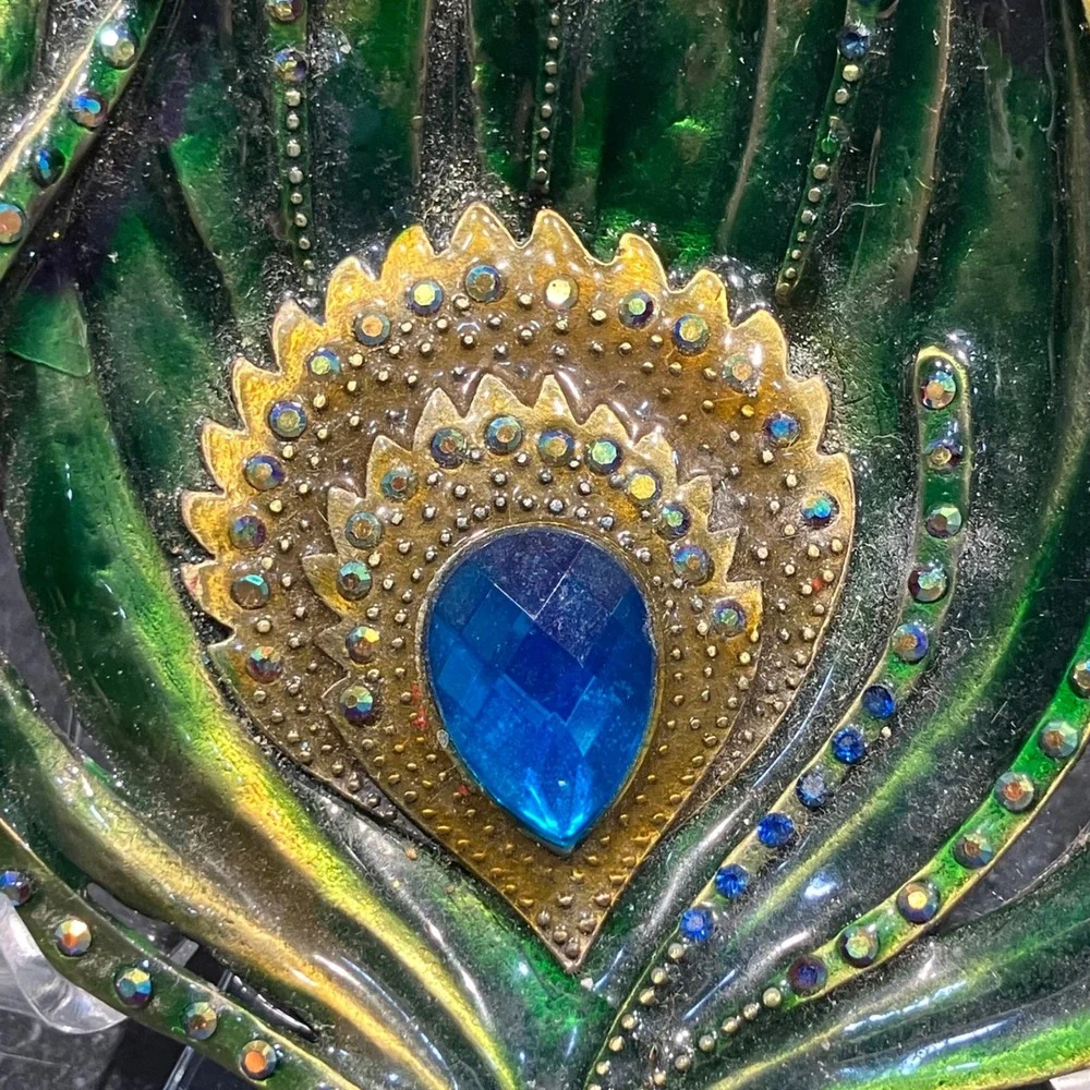 Decorative Peacock Feather Enamel Trinket Dish Green Gold Blue Rhinestone